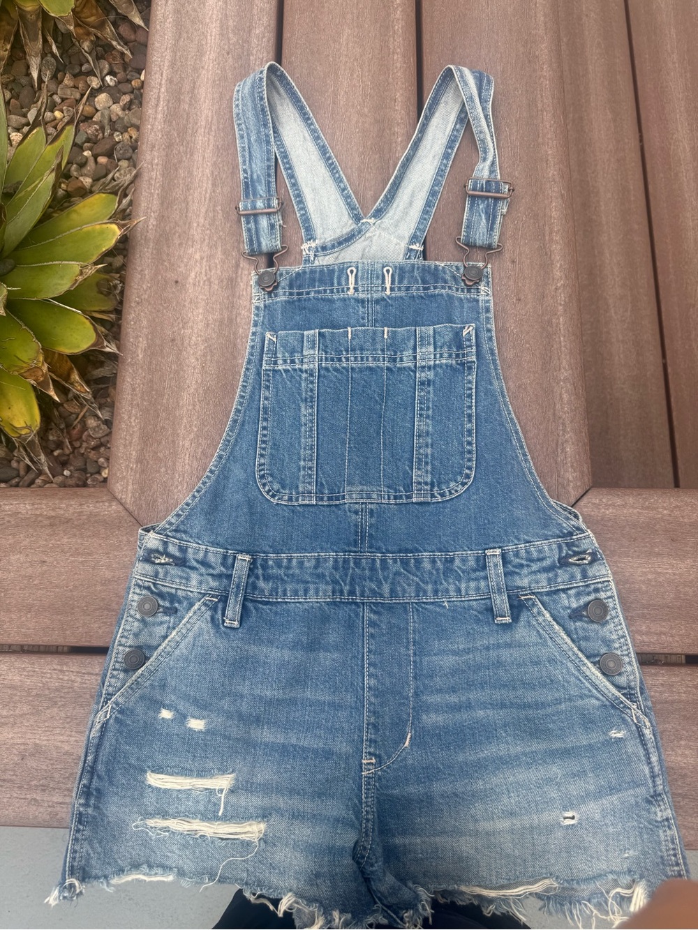 Abercrombie & Fitch Distressed Blue Denim Short Overalls